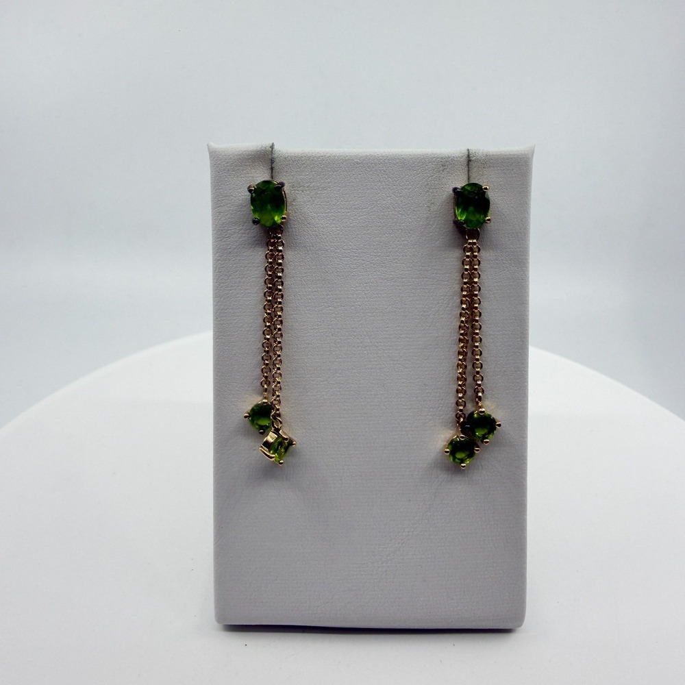 Elegant Green Peridot Gold-Tone Double Chain Dangle Earrings Statement Jewelry